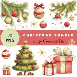 Christmas Clipart Bundle | 32 PNG Transparent Background | Christmas Trees, Ornaments, Gifts, Snowflakes, Pine Branches | Holiday Decor