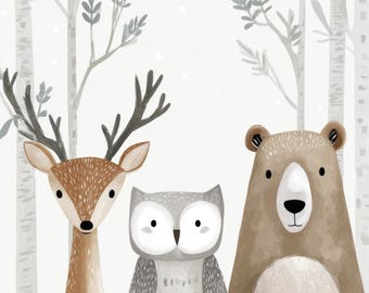 Scandinavian Woodland Animals Wall Art Set, Neutral Nursery Forest Animals, Minimal Winter Animal Illustrations 9 JPG