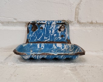 Vintage Blue Swirl Enamel Graniteware Wall Hanging Soap Dish Holder