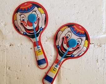 Vintage Lithograph Tin Toy Clown Noisemaker Made in Japan Set of 2