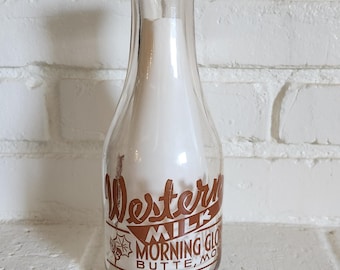 Vintage Glass Milk Bottle, Western Creamery, Butte Montana, Paper Milk Bottle Cap