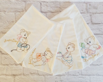 Vintage Flour Sack Embroidered Kitchen Dish Towel Set of 4 Teddy Bear Household Chores