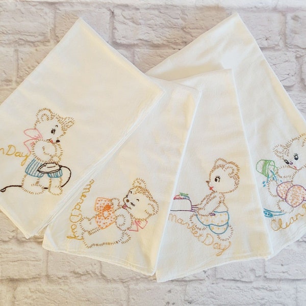 Vintage Flour Sack Embroidered Kitchen Dish Towel Set of 4 Teddy Bear Household Chores