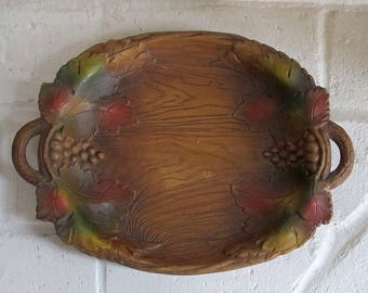 Vintage Faux Wood Grain Resin Tray Fall Leaves and Grapes