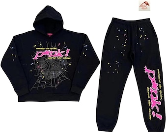 Unisex Black Spider Tracksuit with Web Graphic Hoodie and Jogger