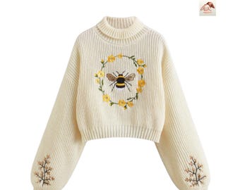 Pull court en maille pour femmes, broderie abeille, fleurs, manches longues