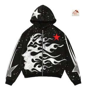 Unisex Black Hoodie with Star Accents and Abstract Flame Face Design
