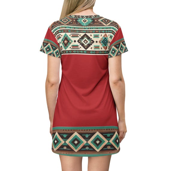 Southwestern Aztec Pattern T-shirt Dress | Red Turquoise Tribal - Etsy