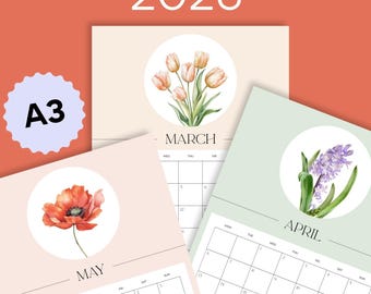 Printable 2026 Wall Calendar | Large Watercolor Floral Calendar | Vintage Botanical Design