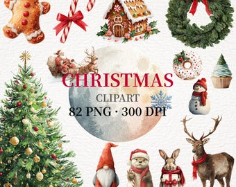 Watercolor Christmas PNG Set for christmas Cards and Sublimation Transparent Background Digital Download