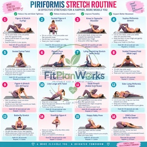 Peut inclure: Un tableau de fitness intitulé Piriformis Stretch Routine présentant 16 panneaux numérotés. Chaque panneau montre une personne en tenue de sport effectuant un étirement spécifique sur un tapis, accompagné de texte et d'instructions.