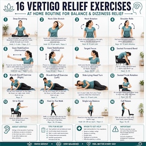 May include: An instructional chart titled 16 Vertigo Relief Exercises at Home Routine for Balance & Dizziness Relief. It features sixteen numbered panels with illustrations of a person performing specific movements, accompanied by text instructions.