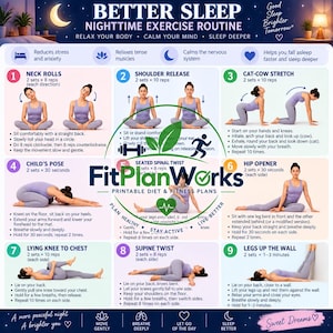 Op de afbeelding: Een infographic getiteld Better Sleep Nighttime Exercise Routine van FitPlanWorks, met negen genummerde illustraties van een persoon in lavendelkleurige sportkleding die yoga-oefeningen uitvoert, inclusief instructietekst voor elke oefening.