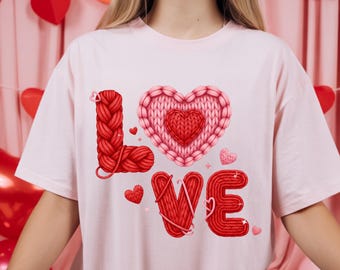Faux Yarn Crochet Love Valentines Day PNG | Latch Hook Yarn Heart Sublimation Designs | Coquette Retro Valentine Shirt PNG Download