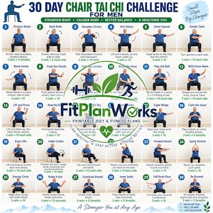 Peut inclure: Un tableau de défi Tai Chi sur chaise de 30 jours pour hommes présentant 30 illustrations d'exercices numérotées. Chaque carré montre une personne en chemise bleue et pantalon sombre effectuant un mouvement assis, avec un texte explicatif.