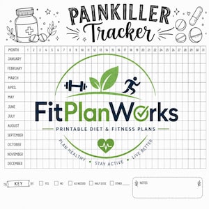 May include: A printable Painkiller Tracker chart featuring a grid for months and days, decorated with pill illustrations. The centre displays the FitPlanWorks logo with a dumbbell, leaves, and a runner icon, plus a key for medication dosage.