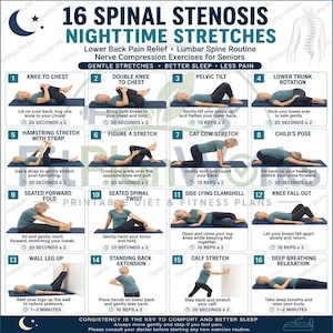 May include: An instructional chart titled 16 Spinal Stenosis Nighttime Stretches featuring 16 numbered panels. Each panel displays a person performing a specific exercise with text instructions, duration, and repetition counts for lower back pain relief.