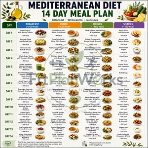 May include: A Mediterranean Diet 14 Day Meal Plan chart featuring a grid of daily breakfast, lunch, dinner, and snack options with calorie counts. The document includes illustrations of olive oil, vegetables, and the FitPlanWorks logo text.