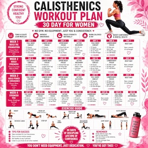 Op de afbeelding: Een 30-daags calisthenics trainingsschema voor vrouwen met een dagelijks oefenrooster, een visuele oefengids met illustraties van bewegingen en een roze waterfles met de tekst Strong Body Mind Strong You erop gedrukt.