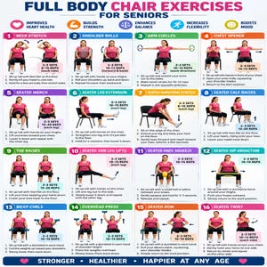 May include: A comprehensive instructional chart titled Full Body Chair Exercises for Seniors, featuring sixteen numbered panels with illustrations of a person performing various seated movements, including stretches, lifts, and resistance exercises.