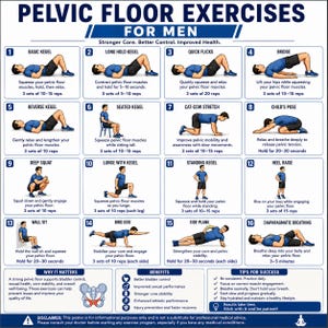 May include: A white instructional poster titled Pelvic Floor Exercises for Men featuring sixteen numbered illustrations of exercises. Each section includes a title, a diagram of a person performing the movement, and text instructions for sets and repetitions.