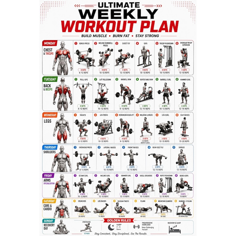 Workout Routunes For The Week Ultimate Weekly Workout Plan | Printable Gym Routine | Muscle Building ...