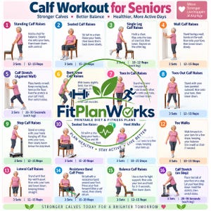 May include: A fitness chart titled Calf Workout for Seniors featuring sixteen numbered exercise illustrations with instructions, rep counts, and the FitPlanWorks logo. The poster includes text about stronger calves, better balance, and active days.