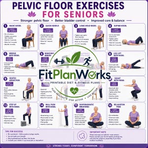以下が含まれることがあります： FitPlanWorksによる「Pelvic Floor Exercises for Seniors」と題された指導用ポスター。紫色の服を着た人物が様々な運動を行う様子を示す16個の番号付きパネルと、各動作のテキストによる説明およびヒントが記載されています。
