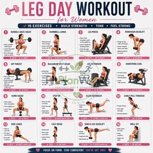 Può includere: Un poster informativo bianco intitolato LEG DAY WORKOUT for Women che presenta sedici illustrazioni numerate di esercizi. Ogni sezione include un'intestazione rosa, un diagramma descrittivo di una persona che esegue il movimento e istruzioni.