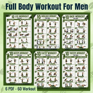 Puede incluir: Un conjunto de seis pósteres de entrenamiento titulados Full Body Workout For Men, con 10 ejercicios cada uno para piernas, hombros, espalda, bíceps, pecho y tríceps. Cada póster muestra ilustraciones de figuras realizando movimientos.