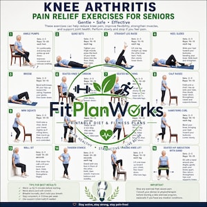 May include: An instructional poster titled Knee Arthritis Pain Relief Exercises for Seniors, featuring sixteen numbered illustrations of a person performing physical therapy movements, with text instructions and the FitPlanWorks logo.