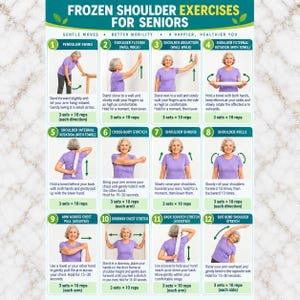 May include: An instructional poster titled Frozen Shoulder Exercises for Seniors featuring twelve numbered panels. Each panel displays a person in a purple shirt demonstrating specific physical therapy movements with text instructions and repetition counts.
