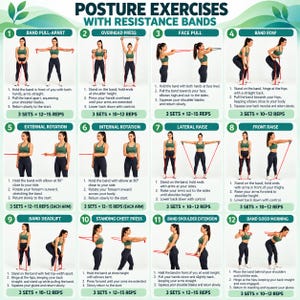 May include: An instructional poster titled Posture Exercises with Resistance Bands featuring twelve numbered panels. Each panel displays a person demonstrating a specific exercise using a red resistance band, accompanied by step-by-step text instructions.