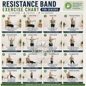 Op de afbeelding: Een weerstandsband oefeningengrafiek voor senioren met zestien genummerde illustraties van oefeningen zoals zittend roeien, borstpers, biceps curl, triceps extensie, schouderpers, zijwaartse hef, frontale hef, rugtrek, opstaan, beenextensie, hamstring curl, heupabductie, bilspier kickback, kuithef, romp-twist en zittende beenpers met tekstuele instructies.