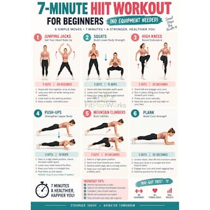 May include: A 7-minute HIIT workout guide for beginners featuring six exercises: jumping jacks, squats, high knees, push-ups, mountain climbers, and plank. Each section includes numbered steps, set counts, and repetition or time goals for a full-body routine.