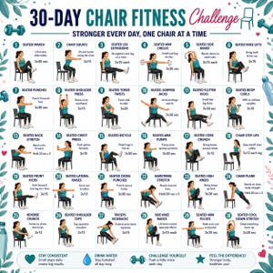 May include: A 30-day chair fitness challenge chart featuring 30 numbered illustrations of a person performing various seated exercises on a chair. The poster includes instructional text for each movement, repetition counts, and motivational tips.