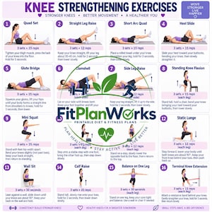 May include: A white informational poster titled KNEE STRENGTHENING EXERCISES featuring sixteen numbered illustrations of a person performing various physical therapy movements, with text instructions for each exercise and the FitPlanWorks logo.