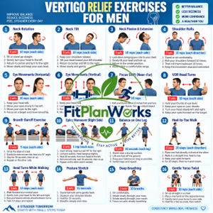 Könnte beinhalten: Ein blau-weißes Informationsplakat mit dem Titel Vertigo Relief Exercises for Men, das sechzehn nummerierte Felder mit Illustrationen und Anleitungen für körperliche Bewegungen enthält, darunter Nackendrehungen und Gleichgewichtsübungen.