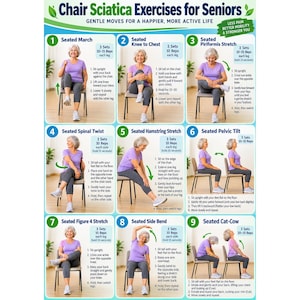 May include: An instructional poster titled Chair Sciatica Exercises for Seniors featuring nine numbered panels. Each panel displays a person in a purple shirt and gray pants performing seated stretches on a chair with text instructions.