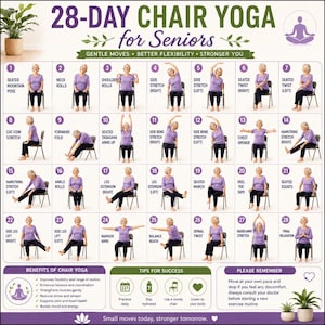 Può includere: Un grafico di esercizi di yoga su sedia di 28 giorni per anziani con 28 illustrazioni numerate di una persona con maglietta viola e pantaloni neri che esegue varie pose sedute su una sedia, con titoli, benefici e consigli per la pratica.
