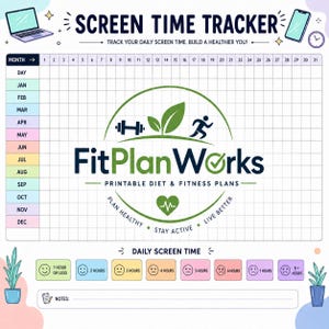 Könnte beinhalten: Ein druckbarer Bildschirmzeit-Tracker mit einem Raster für Monate und Tage, dem FitPlanWorks-Logo, einer Legende für die tägliche Bildschirmzeit mit farbigen Emoji-Symbolen von einer bis acht Stunden sowie einem Notizbereich am unteren Rand.