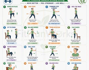Può includere: Un poster didattico intitolato 16 Parkinson's Exercises for Mobility, Balance & Daily Living. Presenta sedici illustrazioni numerate di una persona che esegue vari movimenti fisici, ciascuna con brevi istruzioni e obiettivi di tempo o ripetizioni.