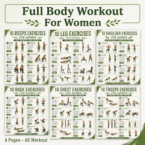 Könnte beinhalten: Ein sechseitiger Trainingsleitfaden mit dem Titel Full Body Workout For Women, der 60 Übungen enthält, unterteilt nach Muskelgruppen wie Bizeps, Beine, Schultern, Rücken, Brust und Trizeps. Jede Seite zeigt nummerierte Bewegungsabbildungen mit Anleitungen.