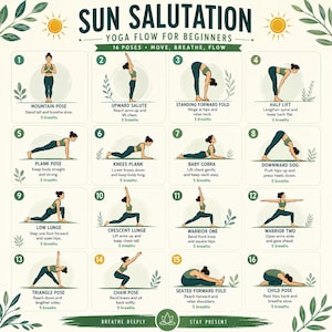 May include: A yoga flow chart titled SUN SALUTATION YOGA FLOW FOR BEGINNERS featuring 16 numbered illustrations of a person in various poses. Each pose includes a name and brief instructions, with green leaf accents and yellow sun icons.