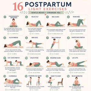 May include: An instructional chart titled 16 Postpartum Light Exercises featuring illustrations of a person in a pink top and green leggings performing various movements like diaphragmatic breathing, pelvic tilts, glute bridges, and squats.