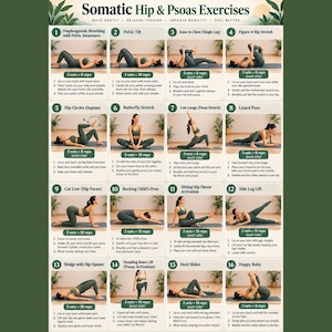 Könnte beinhalten: Ein Poster mit dem Titel Somatic Hip & Psoas Exercises, das sechzehn nummerierte Anleitungsfelder enthält. Jedes Feld zeigt eine Person in salbeigrüner Sportkleidung bei einer bestimmten Übung mit schriftlichen Schritten und Wiederholungen.