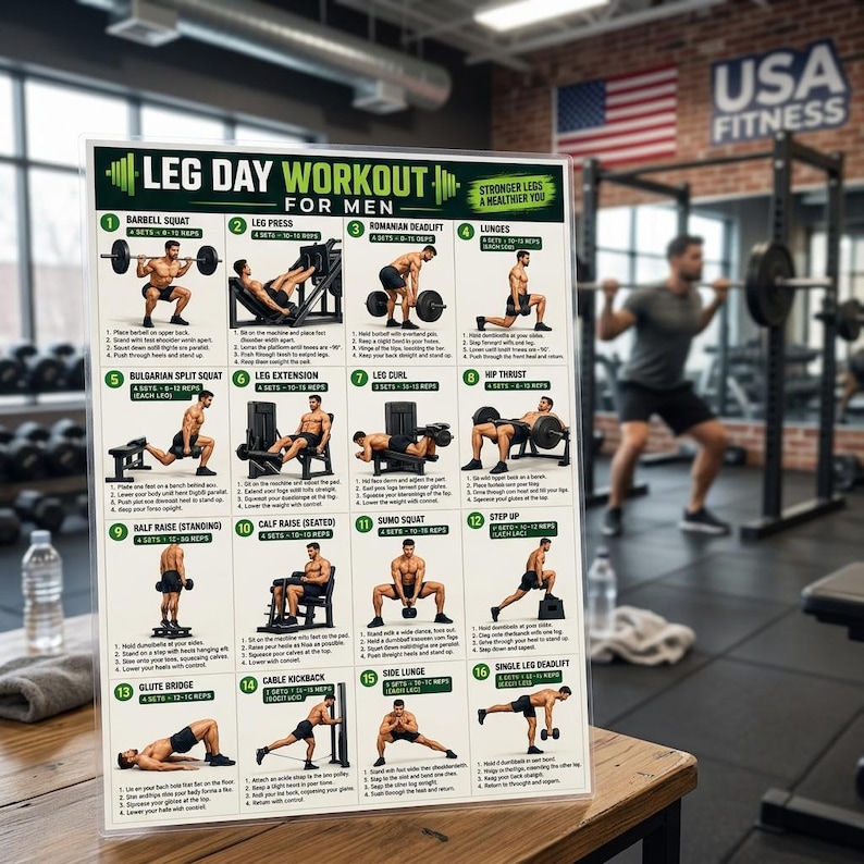 Leg Day Workout Printable for Men, Lower Body Exercise Chart PNG, Quads ...