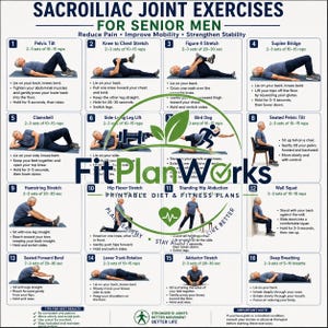 May include: A white instructional poster titled Sacroiliac Joint Exercises for Senior Men, featuring sixteen numbered panels with illustrations of a person performing various stretches and movements, accompanied by text instructions and a FitPlanWorks logo.