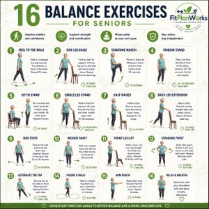 May include: A white informational chart titled 16 Balance Exercises for Seniors by FitPlanWorks. It features sixteen numbered panels with illustrations of a person performing movements like heel to toe walks, leg raises, and stretches with text instructions.
