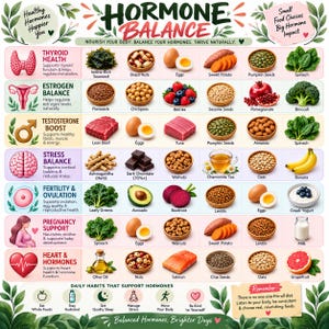 May include: An educational infographic titled Hormone Balance featuring rows of food items categorized by health benefits including Thyroid Health, Estrogen Balance, Testosterone Boost, Stress Balance, Fertility, Pregnancy, and Heart and Hormone health.